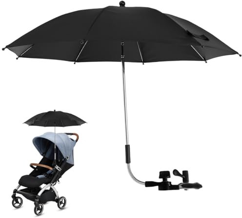 Parasol de landau universel 50+ UV, parapluie réglable 360° avec pince de fixation pour poussette, Noir, S