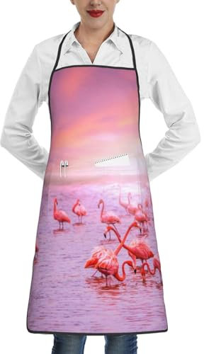 Delantal de cocina con bolsillos, resistente al agua y al aceite, diseño de flamencos rosados, blanco, Talla única
