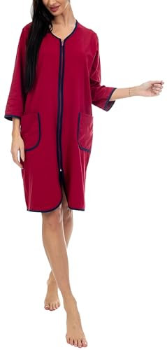 Aquarti Damen Bademantel Morgenmantel mit Reißverschluss Hausmantel Leicht 3/4 Ärmel, Farbe: Dunkelrot, Größe: 3XL