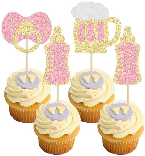 Gyufise 24Pcs Beer Mug Cupcake Toppers Glitter Baby Bottle Beer Cup Cupcake Picks for Cheers Beer Festival Baby Shower Kids Birthday Wedding Anniversary Party Cake Decorations Supplies