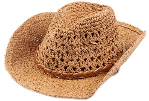 Sombrero de Cowboy de Paja para Niño Adulto, Western Cowgirl Hat Sombrero de Vaquero de Paja Panamá Sombrero de Occidental Gorros de Playa Verano para Mujer Hombre (FR/ES, Letras, M, Caqui)