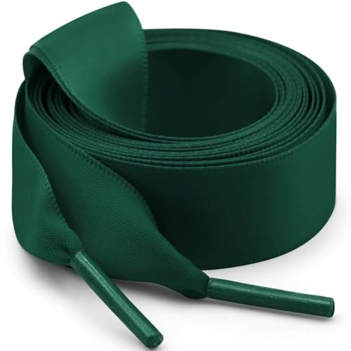 WEGOODZF Flat Satin Ribbon Shoelaces: 2 Pairs of 2CM Wide 120CM Long Dark Green Silk Shoe Laces for Trainers Pumps Sneakers