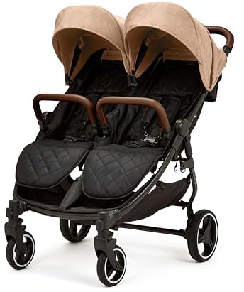 Venus Max Doppel kinderwagen - geeignet von Geburt bis 15 kg (ca. 3 Jahre), kompakter, leichter, faltbarer Zwillingskinderwagen, inklusive Regenschutz und Fußwärmer (Biscuit)