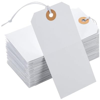 Lot de 100 grandes étiquettes de prix en papier blanc à suspendre avec cordon élastique - Étiquettes d'inventaire - Étiquettes cadeaux - Étiquettes d'expédition - Étiquettes de stock