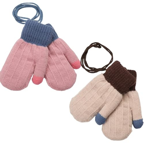 Ccomage 2 Paar Kinder Winter Handschuhe mit Fleece 0-3 Jahre Dicke Strick Baby Fäustlinge Wolle Plüsch Fausthandschuhe Halshandschuhe Strickhandschuhe für Baby Jungen Mädchen