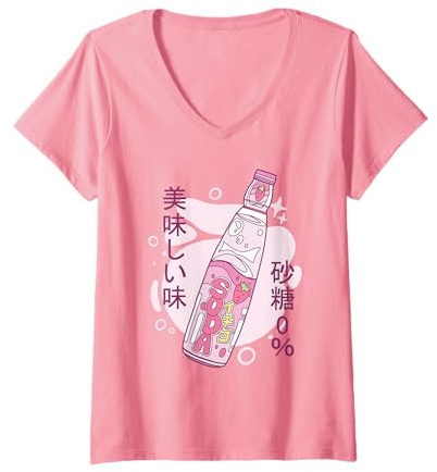 Femme Kawaii Fraise Soda Mignon Japonais Esthétique Rose T-Shirt avec Col en V
