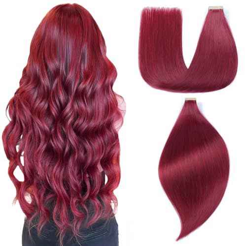 EINbeauty Tape Extensions Echthaar 20pcs Extensions Echthaar 45cm 40g Burgunderrot Tape In Extensions Echthaar Invisible Echthaar Extensions Tape Glatt Haarverlängerung Für Frauen(18inch,99J#)
