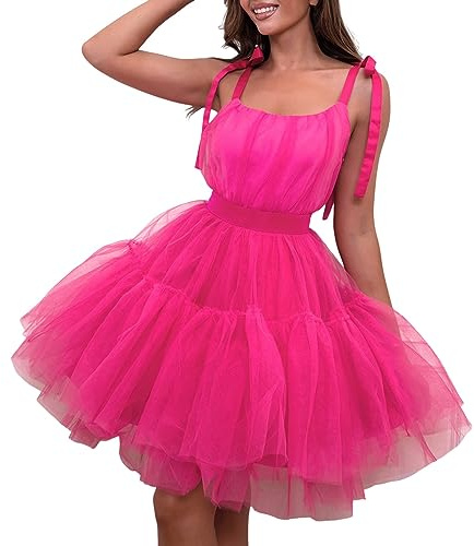 Robe courte en tulle pour femme - Robe en tulle rose - Mini robe en tulle - Robe à bretelles - Robe de soirée - Robe de bal - Robe de soirée - Robe de cocktail - Costume de carnaval