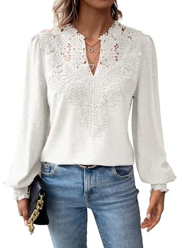 Falechay Womens Winter Blouses V Neck Lace Hem Basic Tee Shirts Flowy Chiffon Blouses White Clothing for Women M