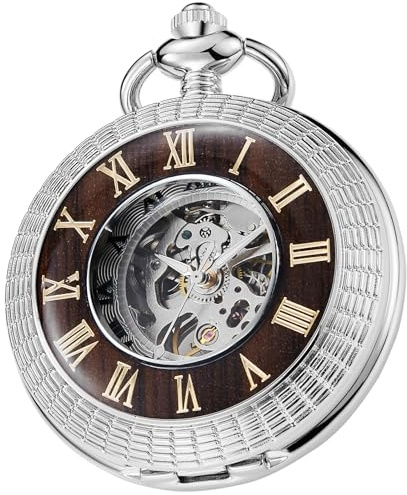 Tiong Vintage Unique Hollow Mechanical Steampunk Pocket Watch with Chain Skeleton Roman Numerals Pocket Watches for Men Gifts & Box