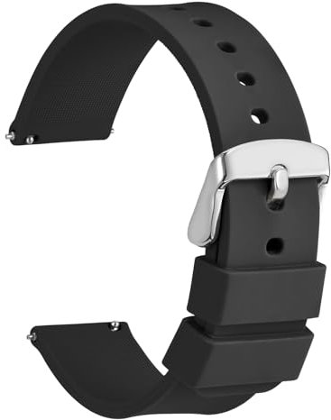 WOCCI 17mm Silikon Gummi Uhrenarmband mit Silberner Schnalle, Schnellverschluss Armband für Damen und Herren (Schwarz)