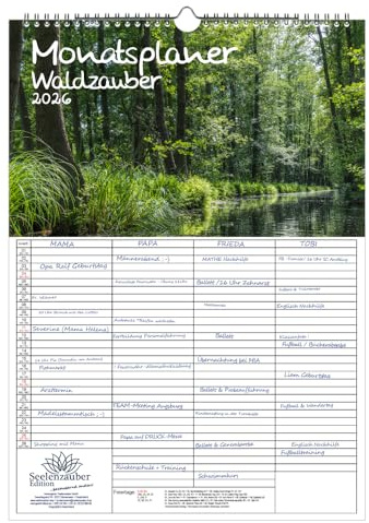 Waldzauber Planer Familienplaner 4 Spaltenplaner DIN A3 Kalender für 2026 Baum Bäume Wald Natur - Set-Inhalt: 1x Kalender 1x Weihnachts- 1x Grußanhänger (3 Teile)