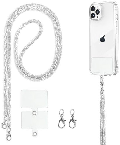 Knrlqim Cordon Telephone Portable Universelle avec 2 Patchs,Strass Scintillants Lot de Universal Chaine Telephone Portable Collier de Longe, Compatibles avec Plupart des Smartphones, Blanc