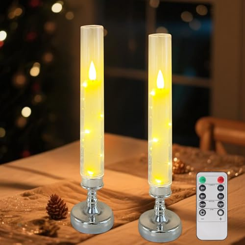 Flammenlose LED Kerzen mit Kerzenhalter, 2 Stück Stabkerzen mit Batterie, LED Kerzen Flackernde Flamme mit Fernbedienung & Timer, Elektrische Kerze für Halloween Hochzeit Tisch Weihnachten (Silber)