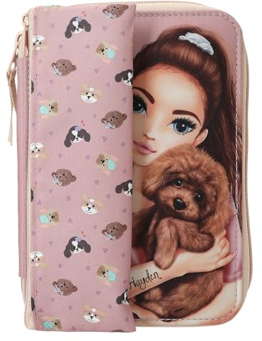 Depesche 13659 TOPModel Kitty and Doggy - Gefüllte Federtasche in Rosa, inkl. Schlampermappe, mit Model Motiv und Hunde Muster, Federmappe mit Buntstiften, Schere UVM.