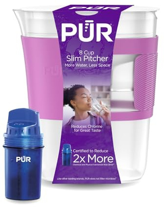PUR Water Filter Pitcher Slim Design 8 Cup Capacity with 1 Filter, Dishwasher Safe, Faster Filtration, Water Purifier for Cleaner, Great Tasting Water, Ideal for Compact Space, Dorm Room, Violet