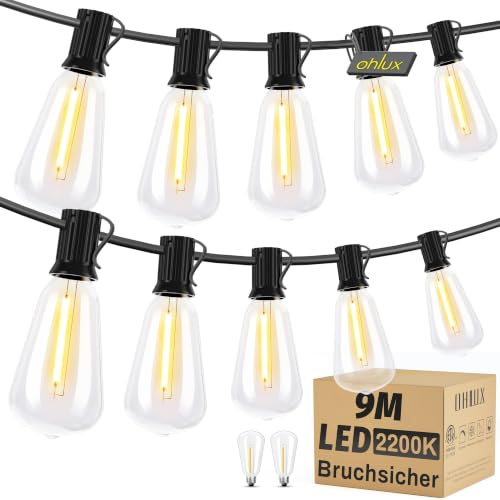 OHLUX 9M Lichterkette Outdoor Weihnachten Außen Festoon Lichter mit Stecker 17 ST38 LED Birnen 2200K Warmweiß IP65 Wasserdichte Verlängerbare Hängeleuchten Fairy Lights für Garten, Terrasse, Pavillon