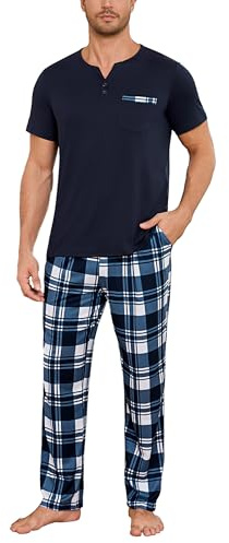 Bresdk Pyjama Homme Long Coton Ensemble Pyjama Manches Courtes | Pyjama Homme Long avec col rond et manches raglan pour nuits douces, détente quotidienne et confort à la maison