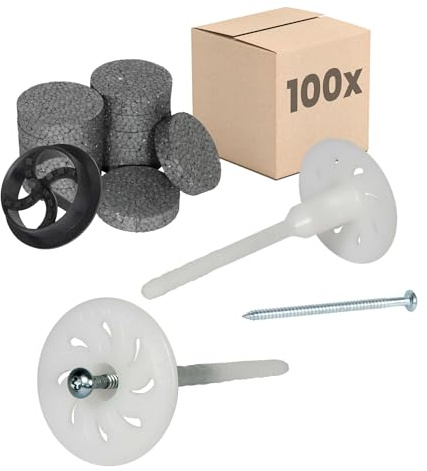 PROTEKTOR 100x Chevilles à vis pour isolant, prémontées Ø8 x 160mm | Cheville ITE avec 200 rondelles + 1 fraise inclus pour isolation de façade avec vis en acier galvanisé
