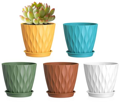 WSMKSZ 10cm Plant Pots Indoor, 5 Pack Small Plastic Flower Pots, Multicolor | Decorative Nursery Pots with Saucers & Drainage Holes, 3D Modern Wave Texture, for Succulents, Cactus & House Plants