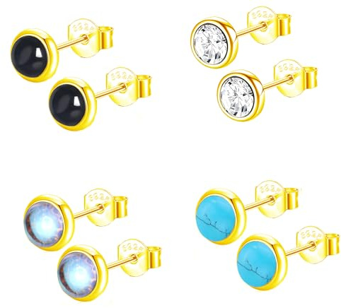 Epoch World 4 Paar Damen Ohrstecker 925 Sterling Silber Ohrringe Zirkonia | Mondstein Türkis Schwarz Runde Ohrringe Silber Ohrstecker Kleine Hypoallergene Schmuck für Damen Frauen Mädchen