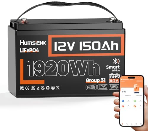 Humsienk batteria litio 12V 150Ah Bluetooth con protezione 110A BMS a bassa temperatura,1650Wh, 6000+ ciclo profondo, Batteria LiFePO4 per camper, barca, pannello