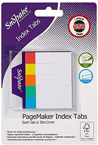 Snopake Index Tab PageMarkers 50 x 12 mm - 250 Tabs - White with Assorted Tips [Pack of 1] Ref: 13150