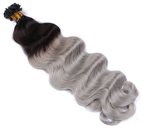 Keratin Bonding GEWELLT Hair Extensions (#1B/SILVER OMBRE - 50 cm - 50 Strähnen - 1g - Gewellt) 100% Remy Hair Extentions Echthaar Haarverlängerung Micro Ring Remy Qualität, ganz leicht einzusetzen