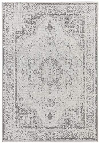 Elle Decoration Cenon Ghazni Weicher Kurzflor Samt-Teppich Vintage mit Fransen Orientalisch Orientteppich für Wohnzimmer Esszimmer Flur oder Schlafzimmer Creme Grau, 95x140cm, Polypropylen, 154x230 cm