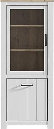 FORTE Elara Vitrine mit 1 Tür, 1 Glastür, Holzwerkstoff, Weiß Matt / Bianco Eiche, 77 x 185,3 x 42,2 cm