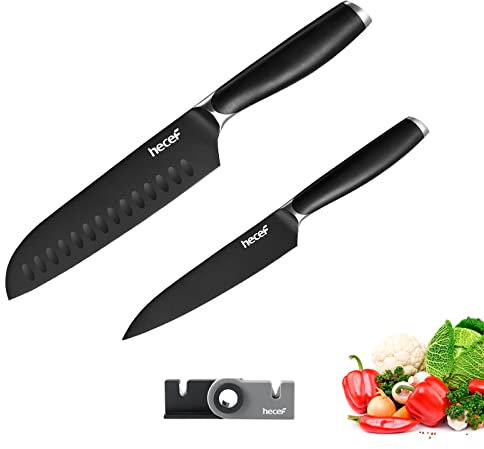hecef 2 Pieces Japanese Santoku Knife Set with Portable Knife Sharpener, Razor Sharp Stainless Steel Blades, Ergonomic Handle