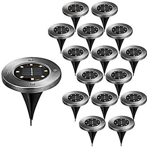 Cepewa Wegleuchte Solar 16er Set mit Erdspieß Gartenleuchte aus Edelstahl mit 8 LEDs Ø 12 cm (1 x 16er Set Wegeleuchte 8 LEDs)