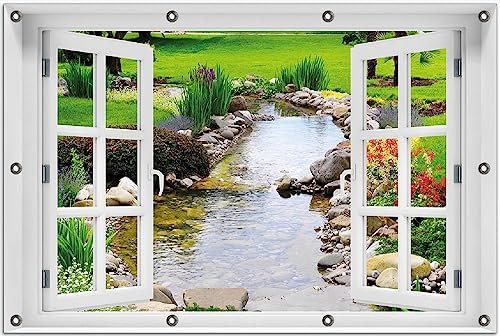 Wallario Outdoor-Poster für Garten oder Balkon Blumen am Teich, Motivbanner Größe: ca. 80 x 120 cm Fenster-Illusion
