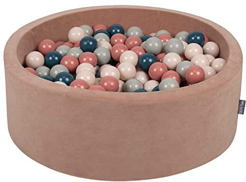 KiddyMoon Terciopelo Piscina De Bolas 90X30cm/200 Bolas para Ninos Hecha En La UE, Rosa del Desierto:Turqosc/Beigepas/Grisverdos/Salmón