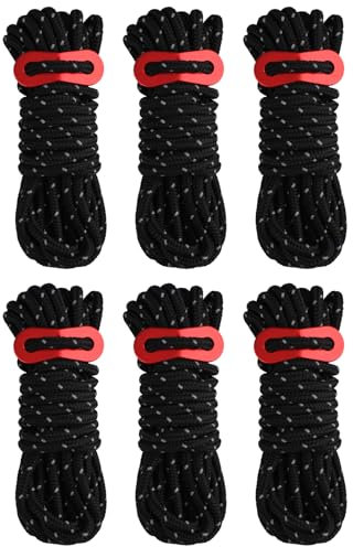 TRIWONDER 6 Piezas Cuerdas de Tienda con Tensores de Aluminio Reflectantes Cuerda Paracord de Nylon para Acampar Tienda de Campaña Toldos Camping al Aire Libre (Negro - 6pcs)