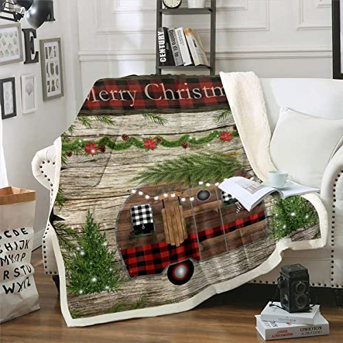 Weihnachten Decke 150x200 Frohe Weihnachten Plaid Wohnwagen Fuzzy Decke für Camper Vintage Reise Wohnmobil Auto mit Weihnachten Kiefer Fleece Decke Rustikales Bauernhaus Sherpa Decke Braun Rot Grün