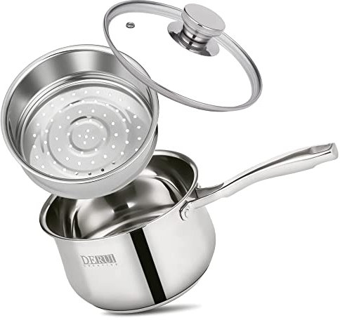 DERUI CREATION Stainless Steel Saucepan 16cm | 1.5 Litre with Steamer Basket and Glass Lid | Milk Pan Steamer Pot Soup Pot| Induction Safe | Small Pot