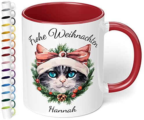 Weihnachtstasse mit Namen „Frohe Weihnachten Wunschname“ – mit 20 Katzen-Motiven - personalisierte Glühwein Tasse – schöne Kaffee-Tasse mit Spruch - Geschenk zu Weihnachten (Rot)