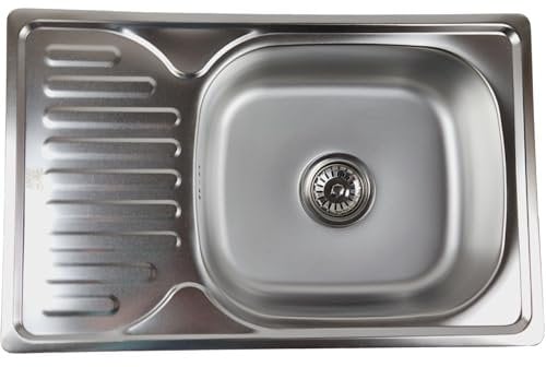 ANW HOME Küchenspüle Edelstahl mit Abtropffläche 66x42 cm mit Siphon, Spüle Küche, Waschbecken Küche, Spülbecken Küche, Spüle Spülbecken Edelstahl Rechteckig, Spüle Edelstahl Satin