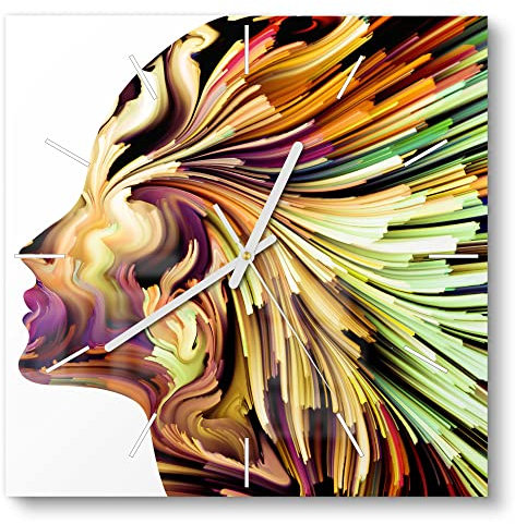 DEQORI Glasuhr | 30x30 cm | Motiv Originelles Frauenprofil | ausgefallene leise Design Uhr aus Glas | Wanduhr für Wohnzimmer & Küche | Moderne Hingucker Uhr für die Wand