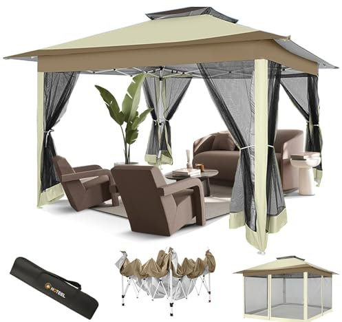 COBIZI Pavillon 3x3 Wasserdicht Stabil Winterfest, 3,65x3,65m Gartenpavillon Mit Moskitonetz, Doppeldach Faltbarer Pavillon, Faltpavillon mit Sandsack für Hinterhof,Rasen (Beige)