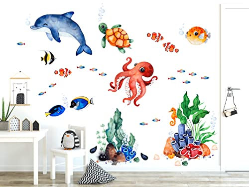 WONDER MURALS Wandtattoo Badezimmer Bad Aufkleber Wandsticker Unterwasserwelt Meer Wasserfest Wandaufkleber Kinderzimmer Babyzimmer Schildkröte Fische Delfin Selbst Gestalten (L - 115 x 92 cm (B x H))