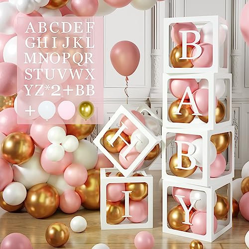 105 Babyparty Box Deko Mädchen,Rosa Baby Shower Deko Box,6 Luftballon Box mit 54 Buchstaben(BABY+A-Z) und Luftballons Rosa Gold Weiss für Babyparty Deko,Babyshower Deko,Geburtstags,Baby Party,DIY Name