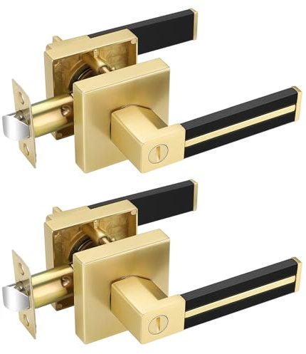 EHOMEWARE 2 Stück Gold Türgriffe, Messing Innentürhebel mit schwarzem Ledergriff, Privatsphäre Türgriffe Schlösser für Schlafzimmer Badezimmer, wendbare Türgriffe für Rechts- oder Linkshänder Türen