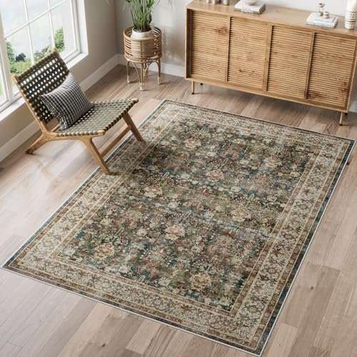 Dripex Washable Living Room Rug 120x170cm, Green Vintage Machine Washable Bedside Non Slip Luxury Soft Traditional Rug for Bedroom
