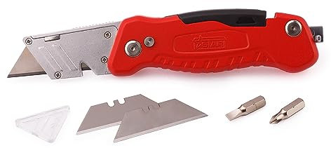 MIVOS Coltello con lama retrattile - Lunghezza 125mm Multi-Tool - inclusi 2 lame di ricambio e 2 punte cacciavite - Coltello in metallo, a lama trapezoidale, a taglio, per tappeti