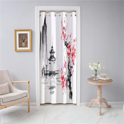 Odot Rideau Occultant Thermique Isolant à Oeillets, Rideau de Porte Interieur, Imprimé Peinture à l'encre Vintage, Rideau de Séparation de Piece pour Chambre Cuisine Salon (120x180cm,Style B)