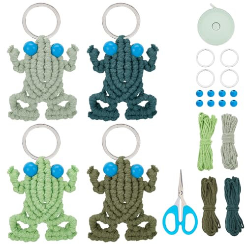 ORIGACH 4 Sets DIY Makramee Frosch Schlüsselanhänger Kit Handmade Makramee Schlüsselanhänger Kit für Anfänger Makramee Craft Kit für Erwachsene mit Anleitung für Schlüssel Geldbörse Geldbörse Telefon