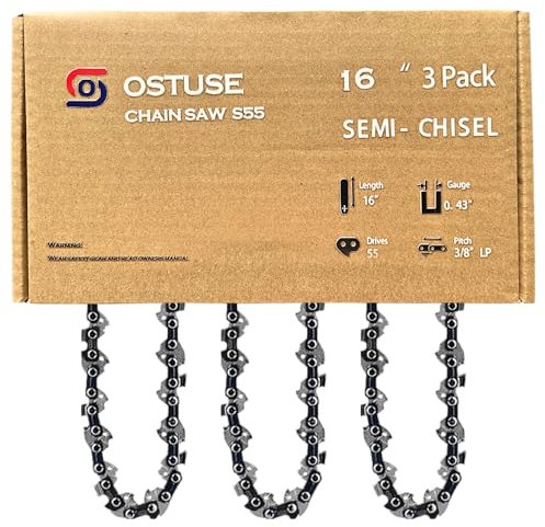 OSTUSE Lot de 3 chaînes de tronçonneuse semi-ciselées S55 de 40,6 cm, pas de 9,5 mm, calibre 109,2 cm, 55 maillons d'entraînement compatibles avec Stihl MS170, MS171, MS180c et plus encore - 61PMM355,