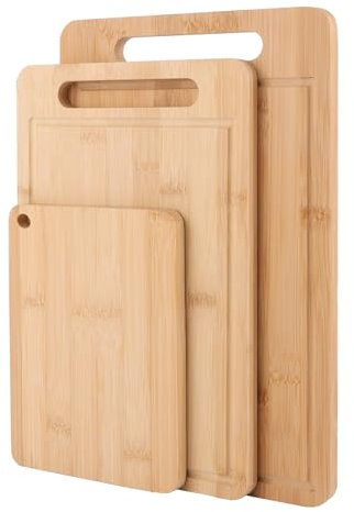 Oungy 3er Set Schneidebrett Holz aus Bambus, Holzbrett Küche 34x22 / 30.5x20 / 20x15cm Frühstücksbrettchen Holz Cutting Board für Brot, Fleisch, Obst